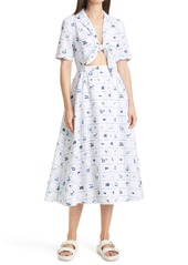 STAUD Giorgiana Pup Print Cutout Detail Cotton & Linen Midi Dress in Good Luck Pup at Nordstrom