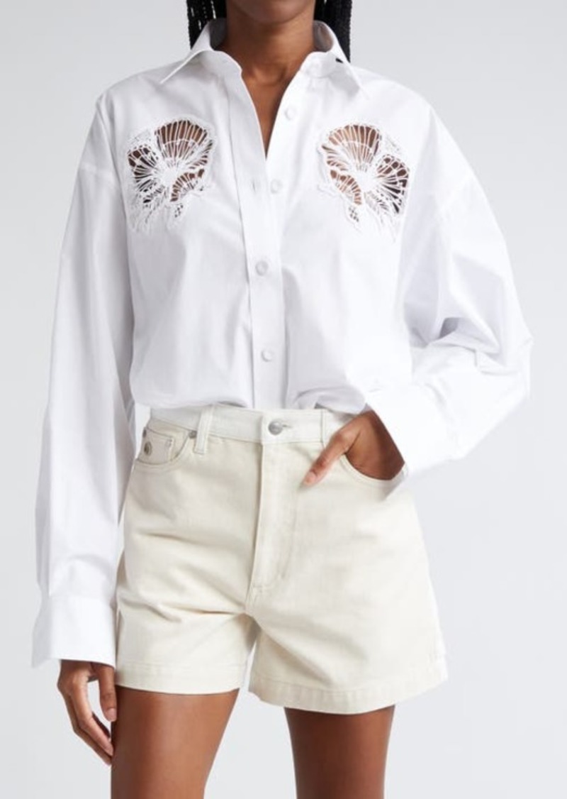 Stella McCartney Cornelli Floral Embroidered Cutout Oversize Cotton Button-Up Shirt