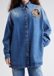 Stella McCartney Crystal Flower Cutout Denim Button-Up Shirt
