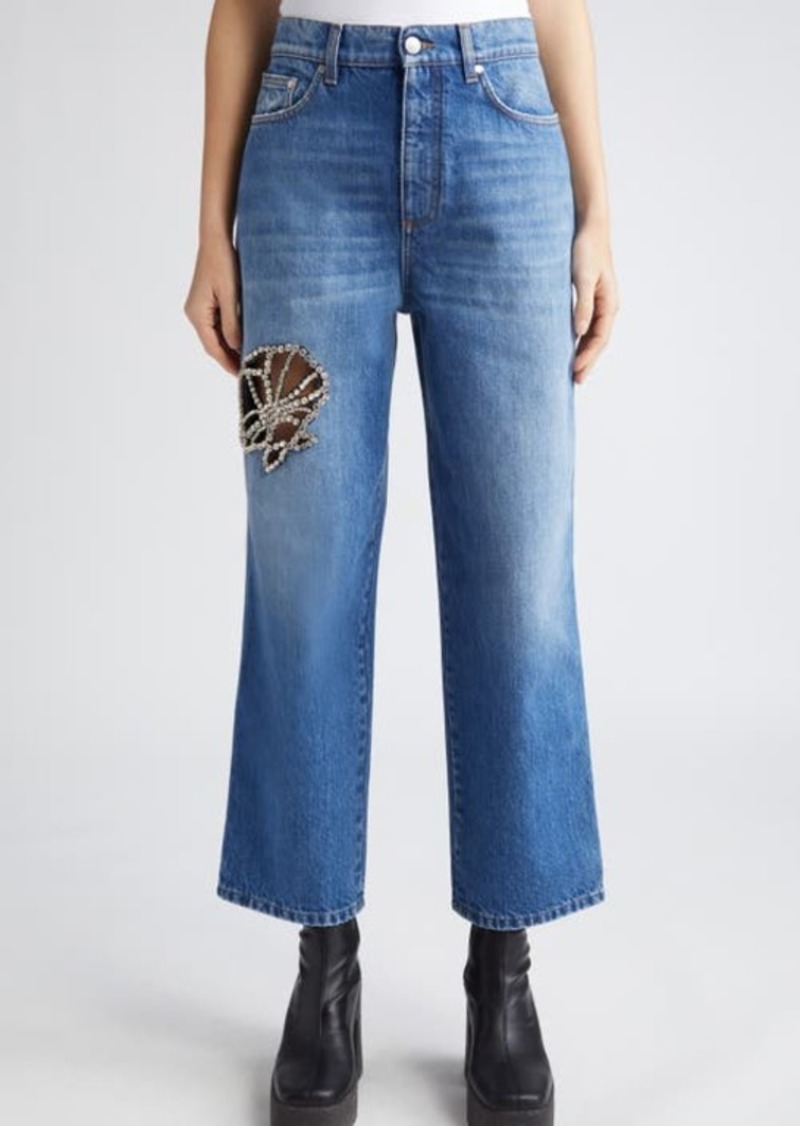 Stella McCartney Crystal Flower Cutout Nonstretch Crop Straight Leg Jeans