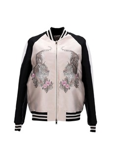 Stella McCartney Lorinda Tiger-Embroidered Bomber Jacket in Pink Silk