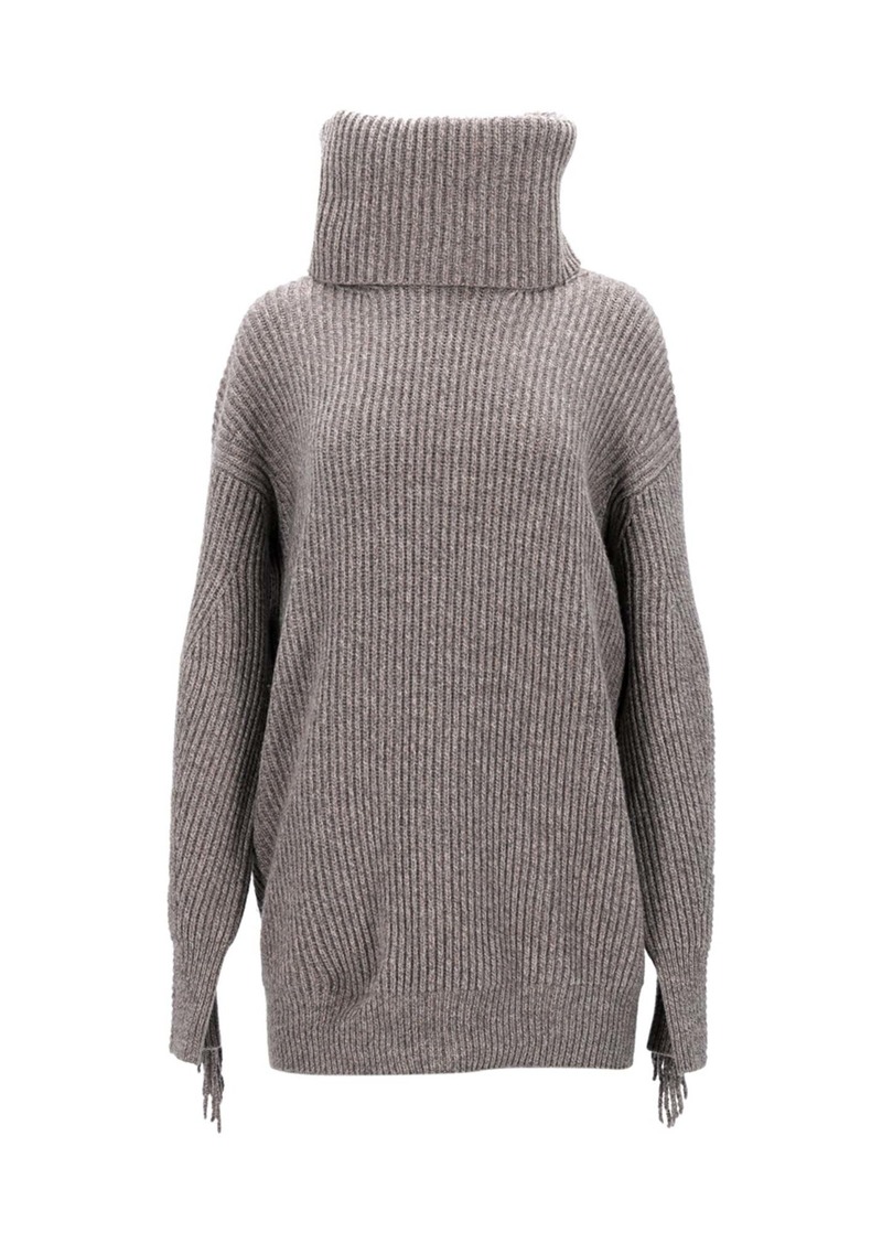 Stella McCartney Turtleneck Fringed Sweater in Grey Cashmere