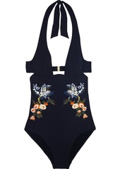 Stella Mccartney Woman Cutout Embroidered Halterneck Swimsuit Midnight Blue