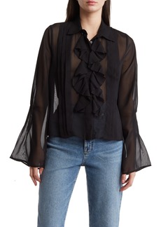 Steve Madden Aurora Ruffle Pleated Chiffon Button-Up Shirt in Black at Nordstrom Rack