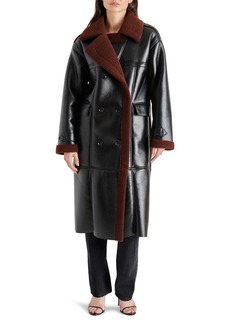 Steve Madden Kinzie Fleece Lapel Double Breasted Faux Leather Coat in Black at Nordstrom Rack