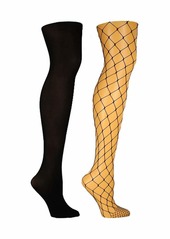 Steve Madden Legwear Women's 2PK Large Fishnet and Solid Opaque Tight SM42401 black ML