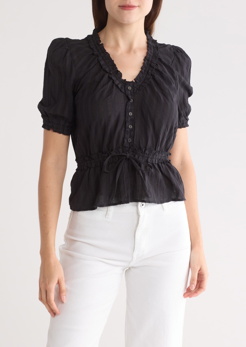 Steve Madden Shadow Stripe Ruffle Cotton Button Top in Black at Nordstrom Rack