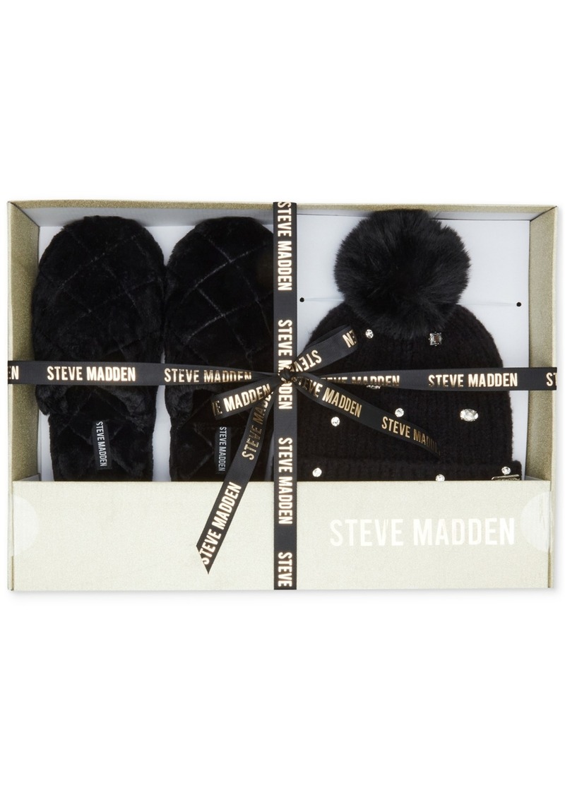 Steve Madden Women's 2-Pc. Embellished Beanie & Faux-Fur Slippers Boxed Gift Set - Black