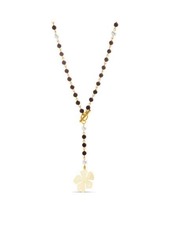 Steve Madden Women's Brown Wooden Simulated Pearl Flower Gold-Tone Beaded Toggle Necklace