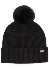 Steve Madden Women's Ribbed Faux-Fur Pom Pom Beanie - Pink