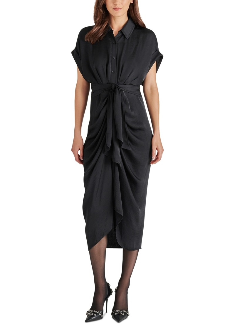 Steve Madden Donna Pleated Handkerchief Hem Satin Dress In Black