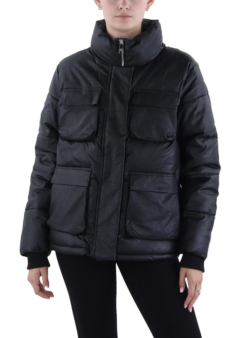 Steve Madden Womens Faux Leather Cold Weather Puffer Jacket