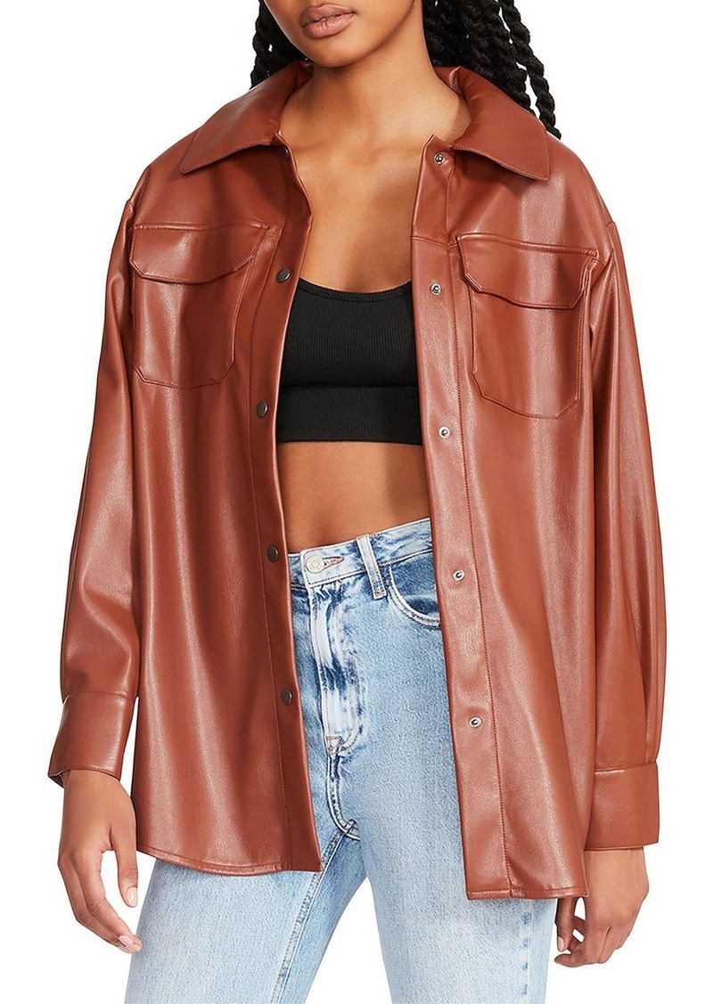 Steve Madden Womens Faux Leather Snap Front Shirt Jacket