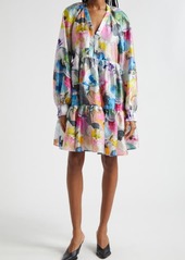 Stine Goya Jasmine Orchid Print Long Sleeve Cloqué Tiered Dress