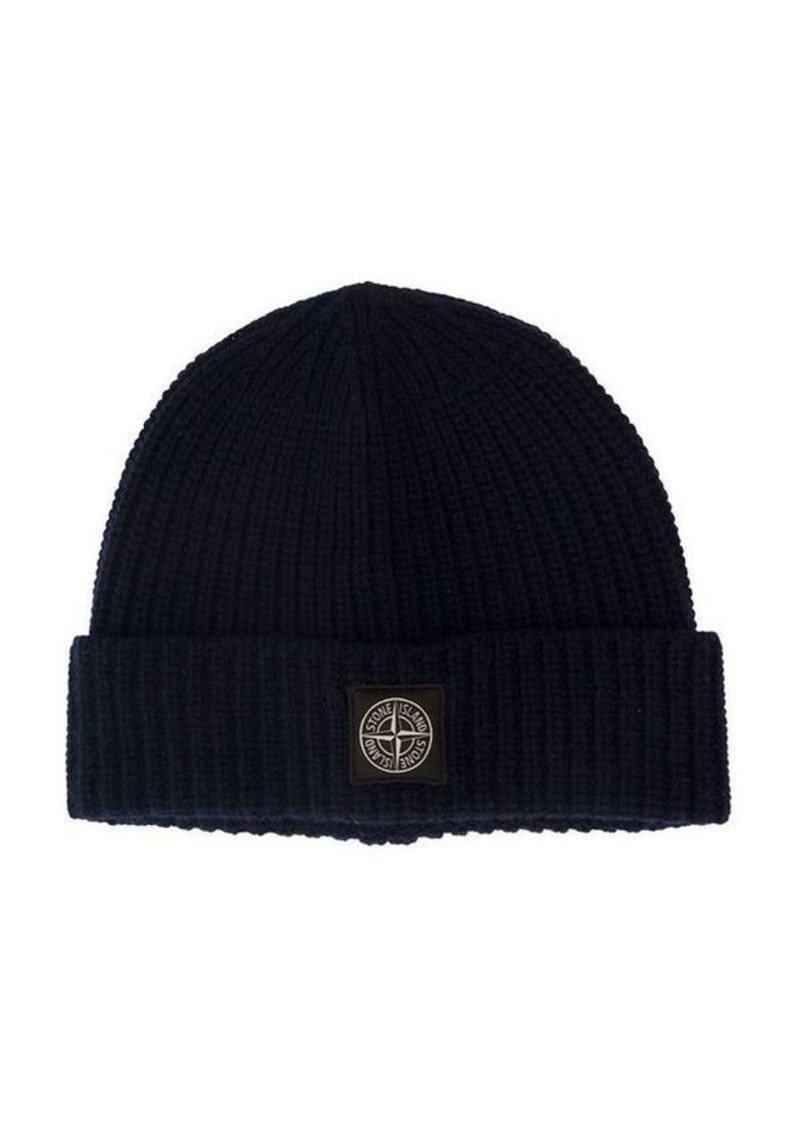 Stone Island Blue Knitted Beanie with Logo Patch at the Front in Wool Man