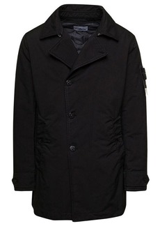Stone Island 'David' Black Double-Breasted Coat with Logo Patch in Polyamide Blend Man