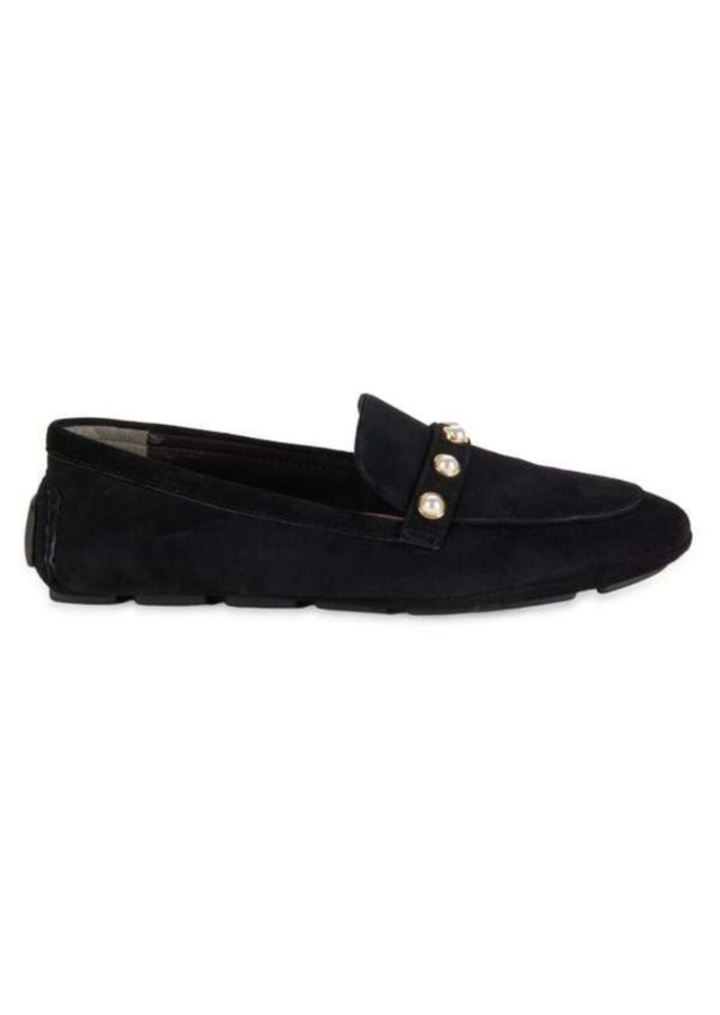 Stuart Weitzman Faux Pearl Studded Suede Driving Loafers