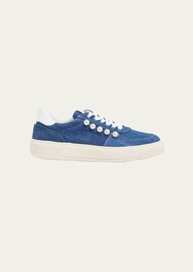 Stuart Weitzman Denim Pearly Stud Low-Top Sneakers