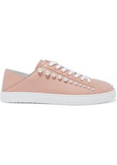 Stuart Weitzman Woman Goldie Faux Pearl-embellished Leather Collapsible-heel Sneakers Antique Rose