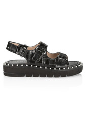 Stuart Weitzman Zoe Lift Embellished Croc-Embossed Leather Sandals