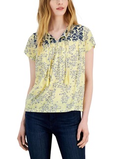 Style&co. Womens Embroidered Tie Neck Blouse