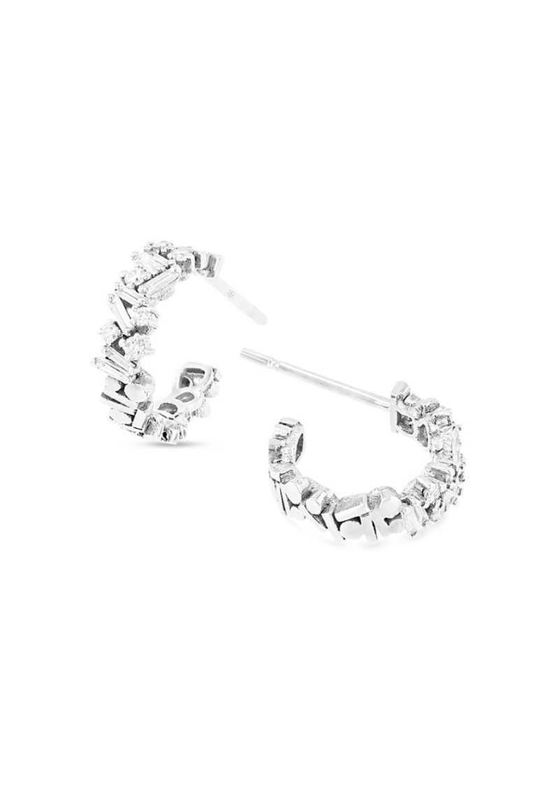 Suzanne Kalan 18K White Gold Diamond Baguette & Round Cluster Small Hoop Earrings