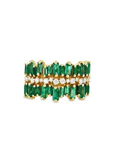 Suzanne Kalan 18K Yellow Gold Fireworks Emerald Baguette & Diamond Three Row Statement Ring