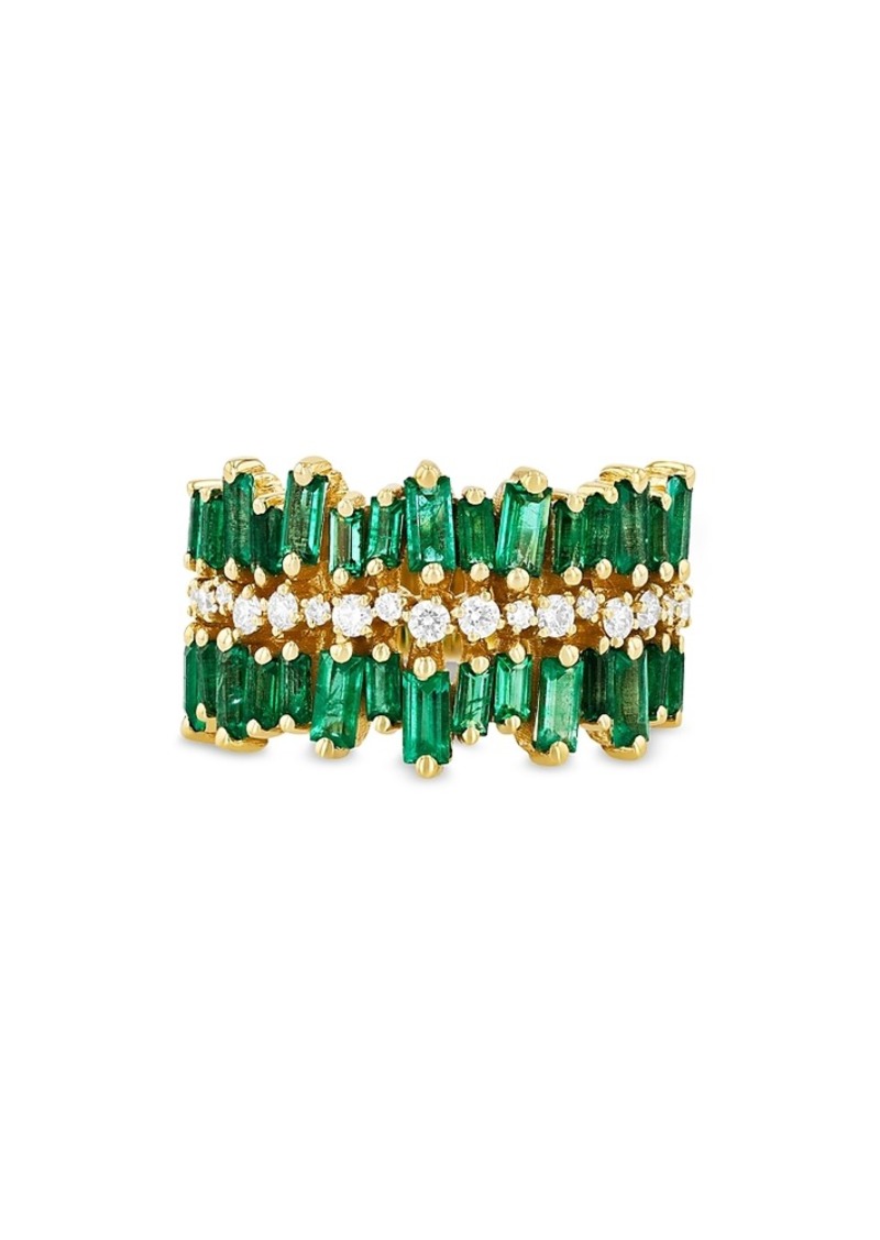 Suzanne Kalan 18K Yellow Gold Fireworks Emerald Baguette & Diamond Three Row Statement Ring