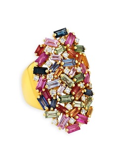 Suzanne Kalan 18K Yellow Gold Fireworks Pastel Rainbow Sapphire & Diamond Cluster Ring