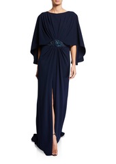 Tadashi 3/4-Sleeve Crepe Gown with Embellishment