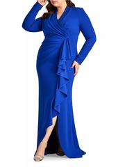 Tadashi Plus Asymmetic Ruffle Crepe Gown