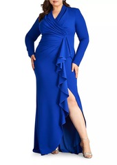 Tadashi Plus Asymmetic Ruffle Crepe Gown