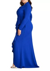 Tadashi Plus Asymmetic Ruffle Crepe Gown