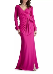 Tadashi Draped Bow Long-Sleeve Gown