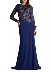 Tadashi Floral Lace Asymmetric Long-Sleeve Gown