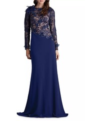 Tadashi Floral Lace Asymmetric Long-Sleeve Gown