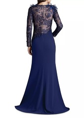 Tadashi Floral Lace Asymmetric Long-Sleeve Gown