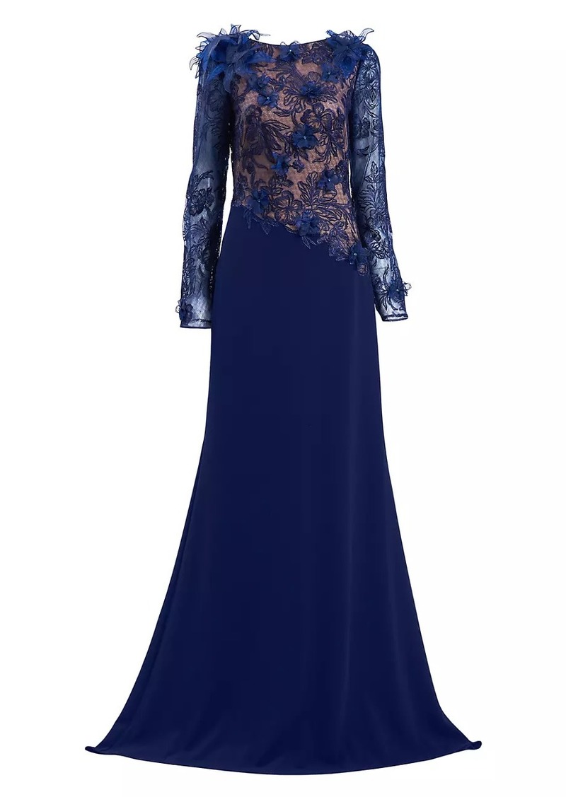 Tadashi Floral Lace Asymmetric Long-Sleeve Gown