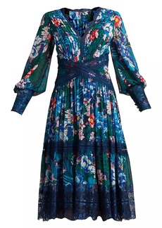 Tadashi Floral Lace Long-Sleeve Midi-Dress