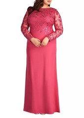 Tadashi Floral Sequin Long-Sleeve Gown