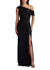 Tadashi Metallic Jersey Off-the-Shoulder Column Gown