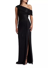 Tadashi Metallic Jersey Off-the-Shoulder Column Gown