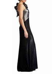 Tadashi Metallic Jersey One-Shoulder Rosette Gown