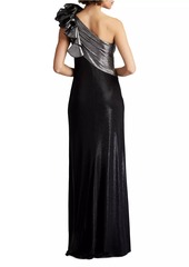 Tadashi Metallic Jersey One-Shoulder Rosette Gown