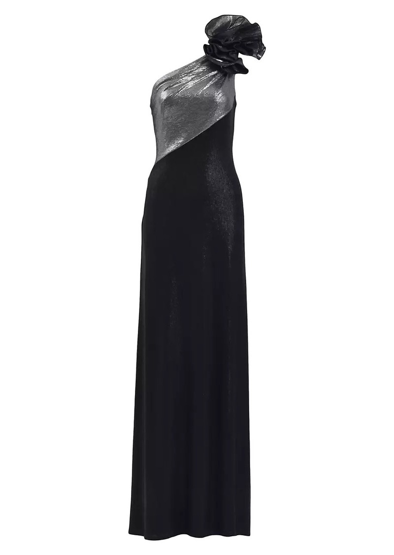 Tadashi Metallic Jersey One-Shoulder Rosette Gown