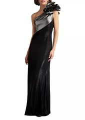 Tadashi Metallic Jersey One-Shoulder Rosette Gown