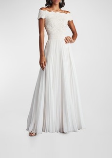 Tadashi Off-Shoulder Floral Lace & Pleated Chiffon Gown