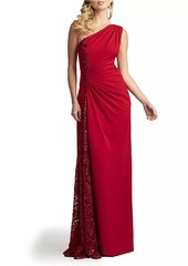 Tadashi One-Shoulder Lace-Insert Gown