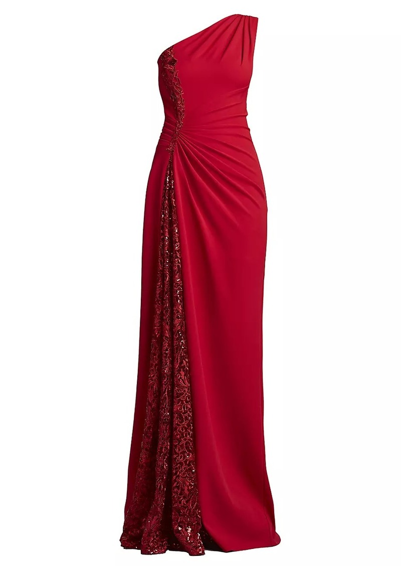 Tadashi One-Shoulder Lace-Insert Gown