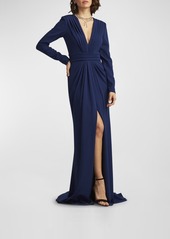 Tadashi Pleated Deep V-Neck Crepe Gown